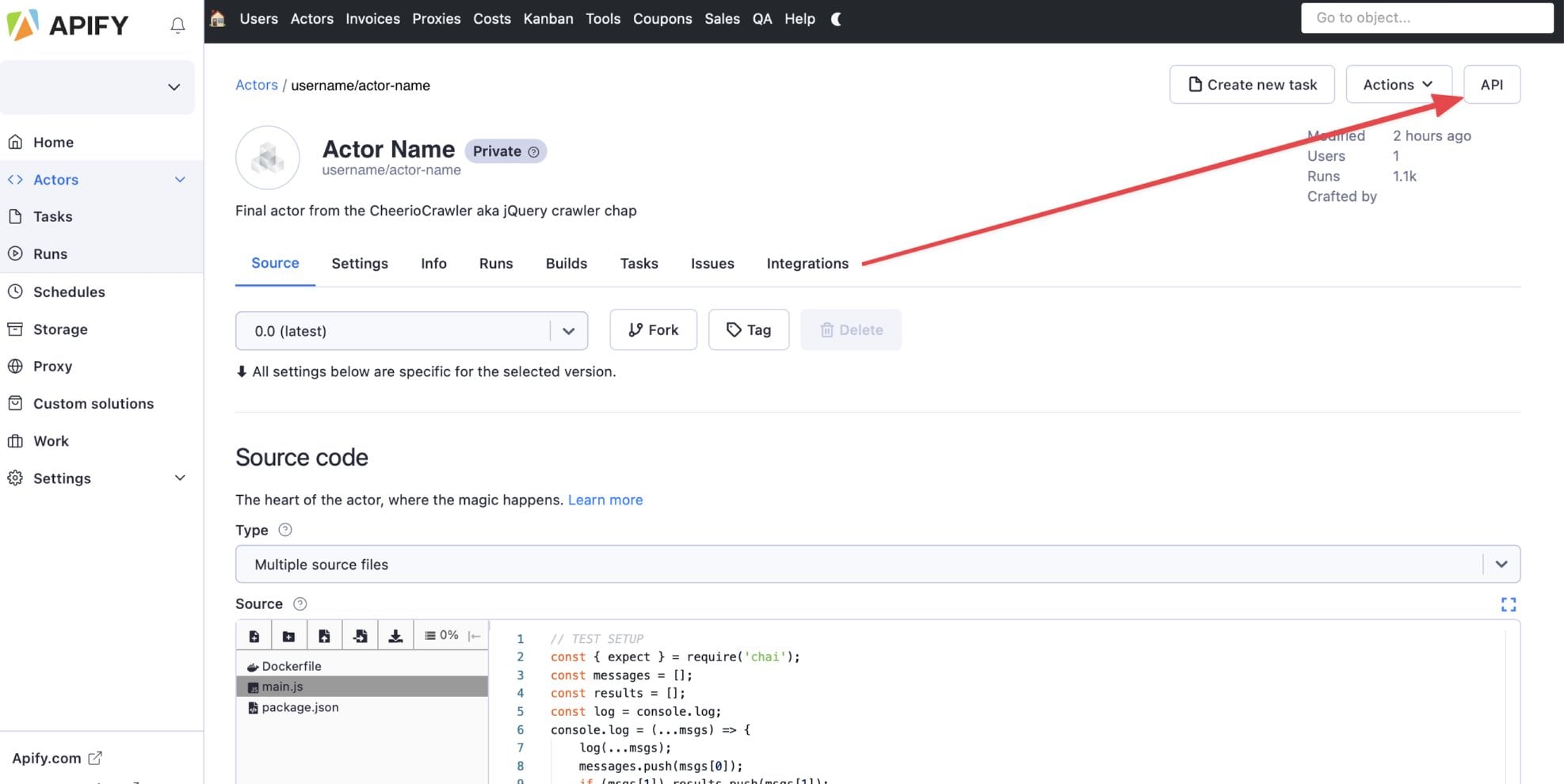 The "API" button on an Actor's page on the Apify Console